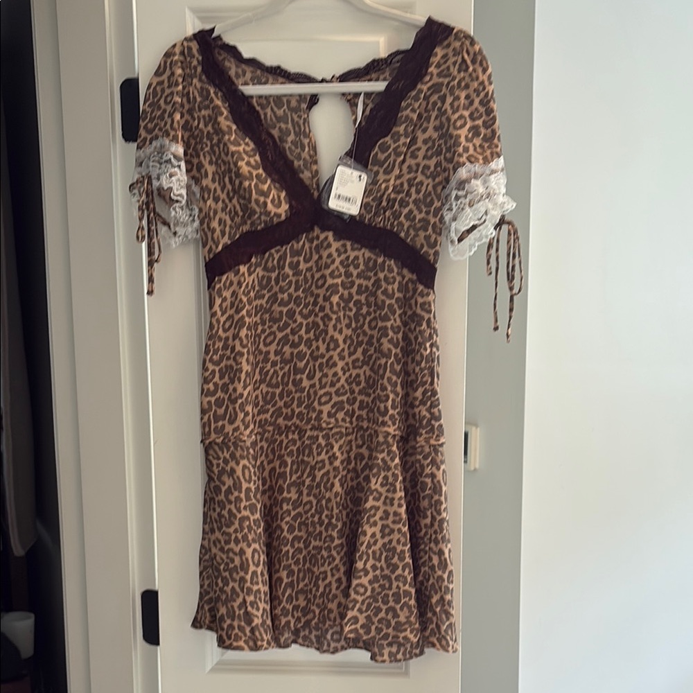NWT Free People Leopard Print Dress with Lace Accents
